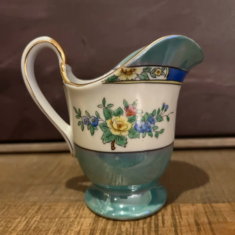 Vintage Noritake Hand Painted Lusterware Cream Blue White Birds Flower Japan